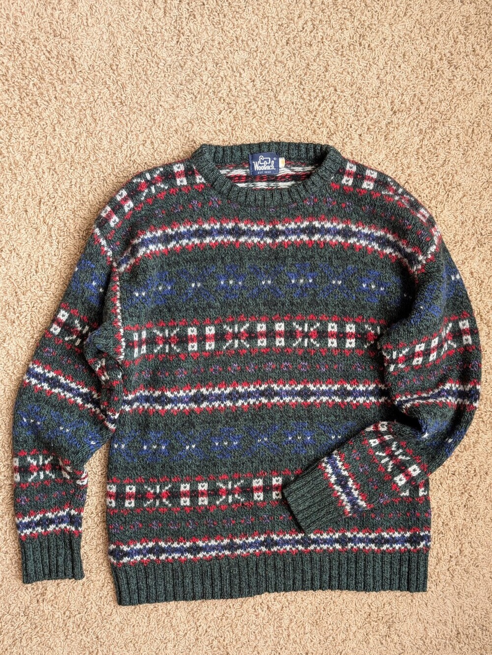 Vtg Woolrich Fair Isle Wool Sweater Men's XL Dark Green Red Blue White